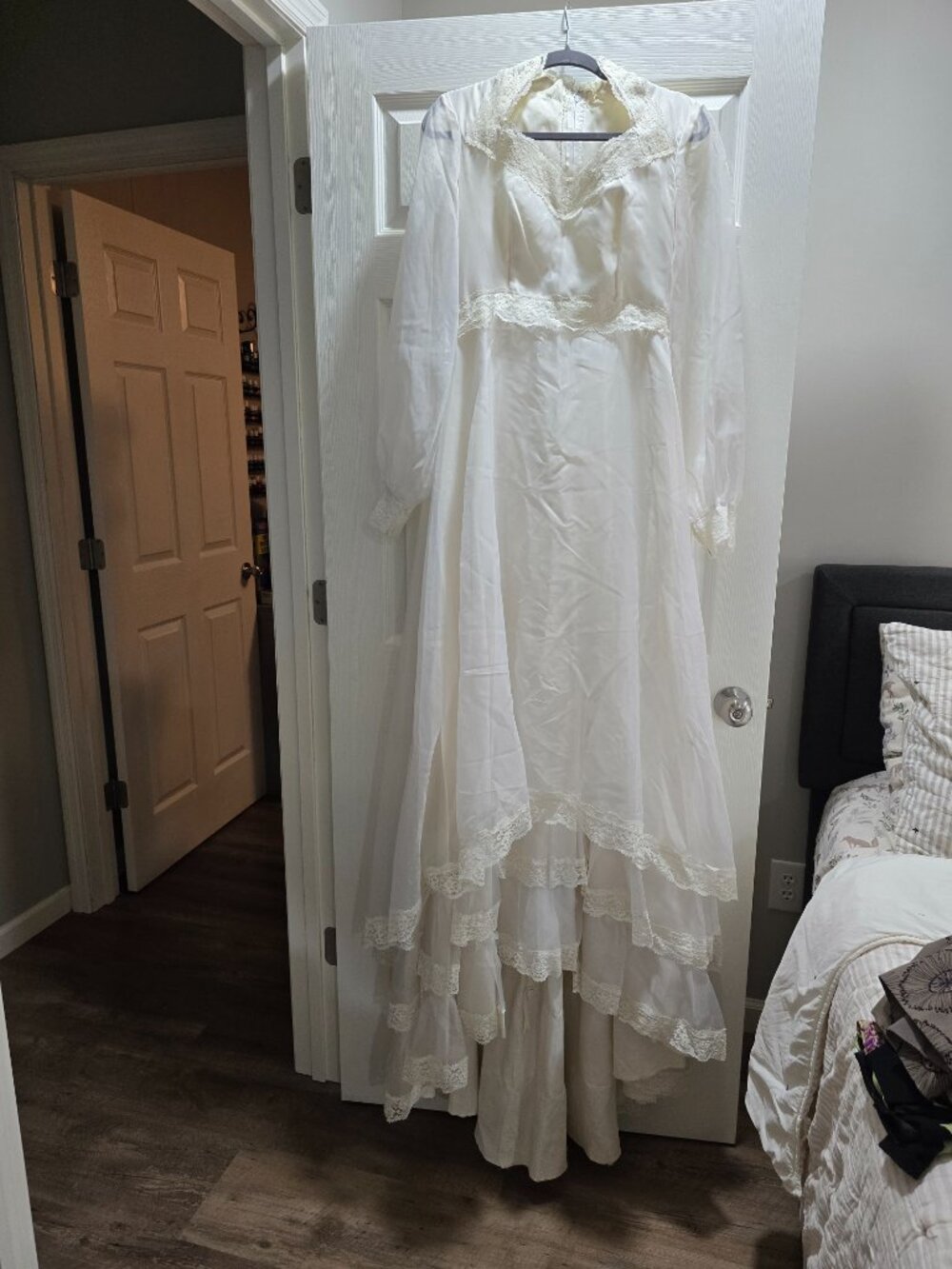 Vintage 1980s Prairie Wedding Dress Edwardian Organza Lace Bridal Gown Tiered